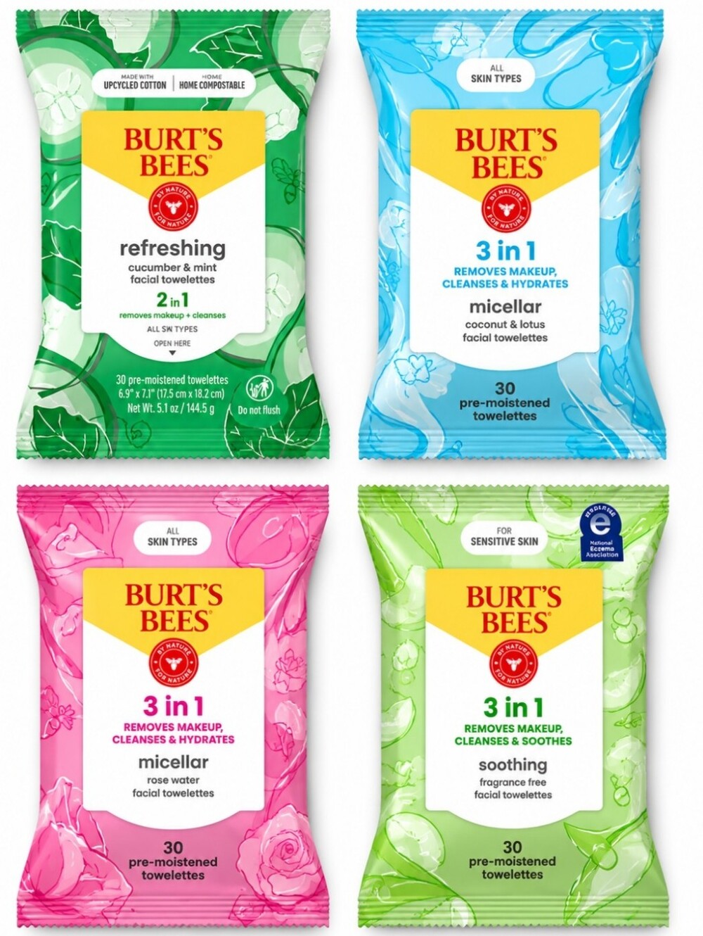 4 Full Size Burt's Bees Facial Towelettes Set - Rose Water Coconut Sensitive Cuc